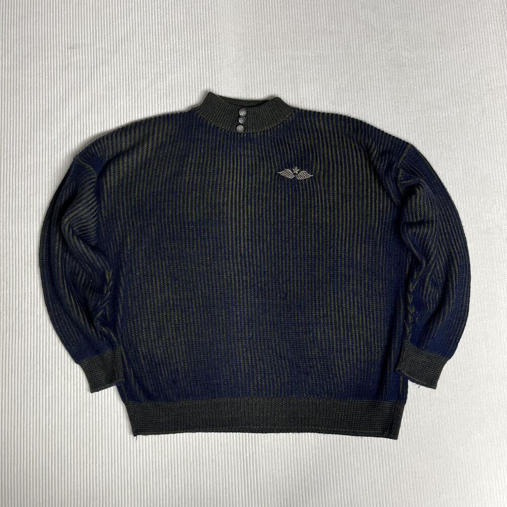 Vintage 90s Justin Allen Sweater M Blue Stripe Mock Neck Knit Pullover Logo USA